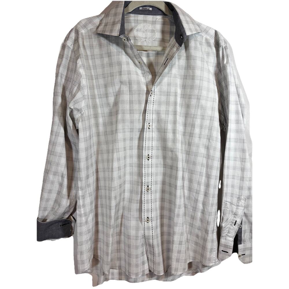 Bugatchi Shirt Mens Large White Incognito Paisleys Floral Flip Cuff‎ Button Up